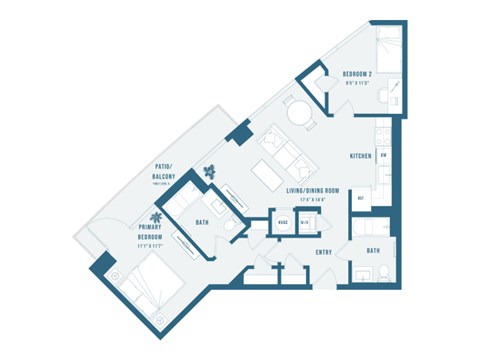 Floor plan for 2 beds, 2 baths, 883 sqft